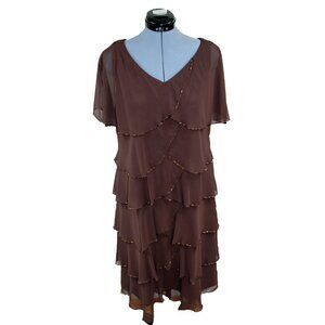 Vintage PATRA Size 8 Brown Midi Dress Party Beaded Cocktail Evening Ruffle 80s
